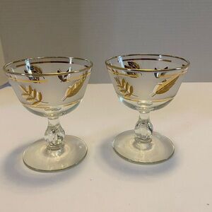 Vintage Libbey Frosted Gold Leaf Cordial Small Glasses Footed Foliage Set/2
